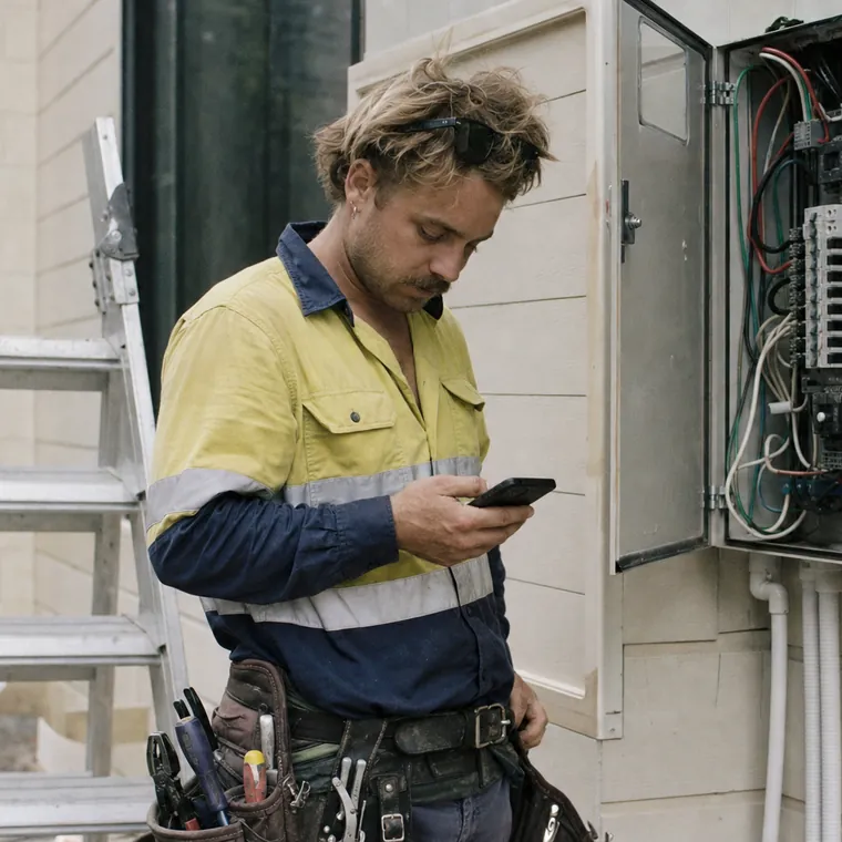 An electrician on site checking his phone