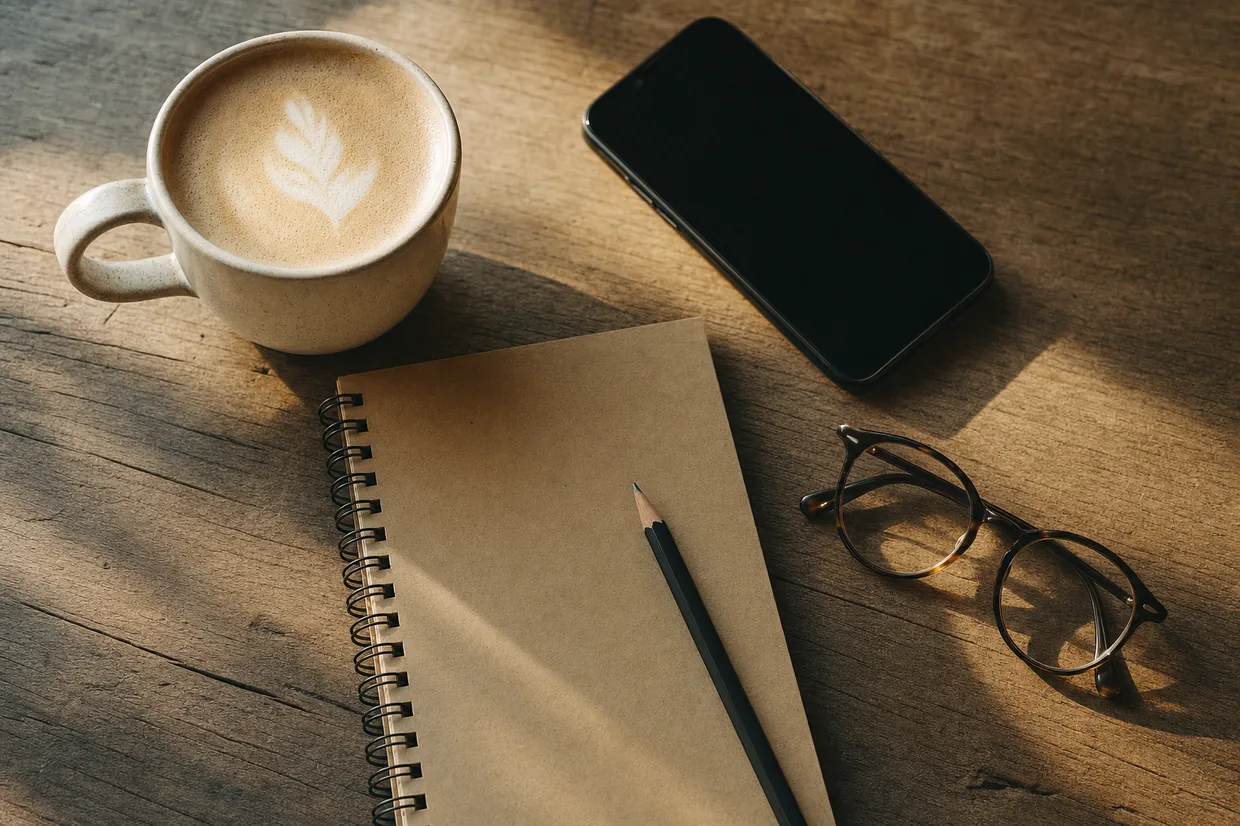 A timber desk with a coffee, notebook and phone