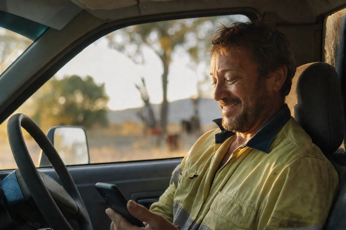 A tradesman reading a message on his phone in his work ute
