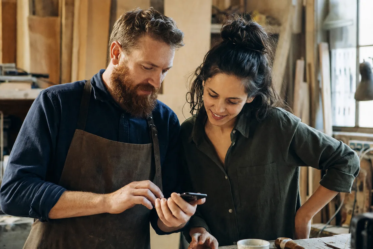 Two business partners looking at a phone together in their workshop